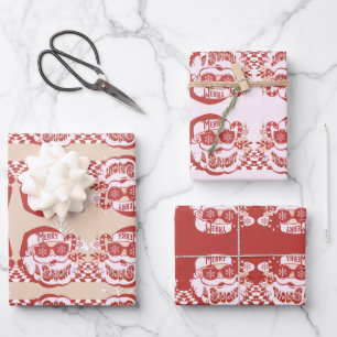 Grappige Kerstman Retro Rood Roze Kerstfeest Inpakpapier Vel