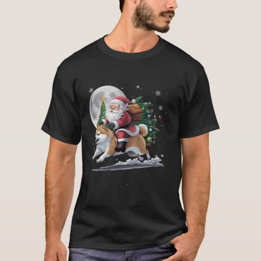 Grappige Kerstman rijden Shiba Inu Dog Tree Lights T-shirt (Voorkant)