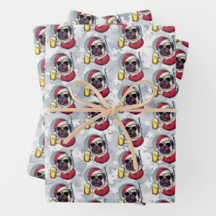Grappige Kerstman Santa Pug met een koele biertje Inpakpapier Vel