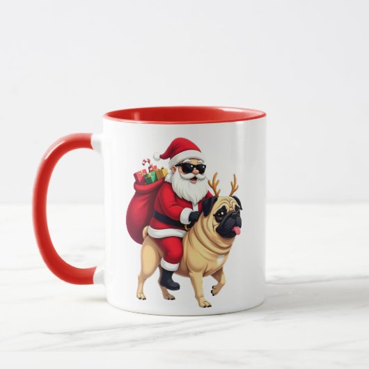 Grappige Kerstman Santa Ridende Pug Mok (Links)