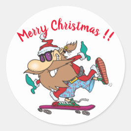 Grappige kerstman skateboarden kerst ronde sticker