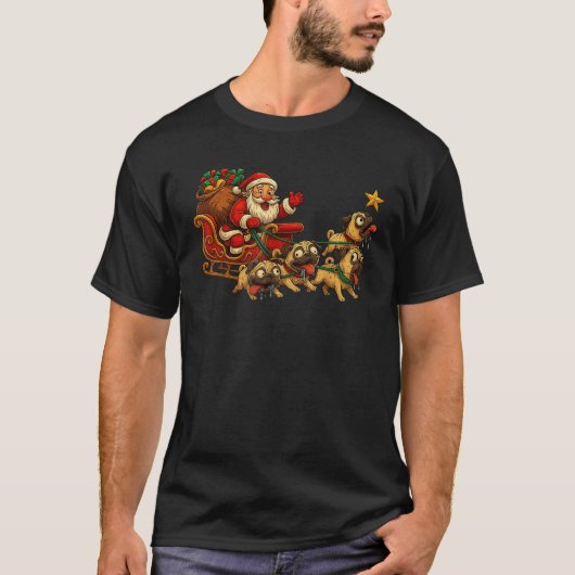 Grappige Kerstman slee pugs hond meme kerst dier T-shirt (Voorkant)