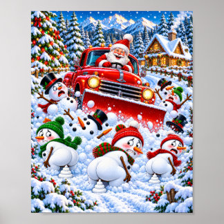 Grappige Kerstman Sneeuwschuiver en Poepende Sneeu Poster