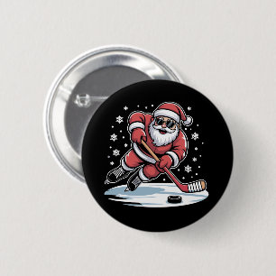 Grappige Kerstman speelt ijshockey Kerstmis Ronde Button 5,7 Cm