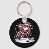 Grappige Kerstman speelt ijshockey Kerstmis Sleutelhanger (Voorkant)