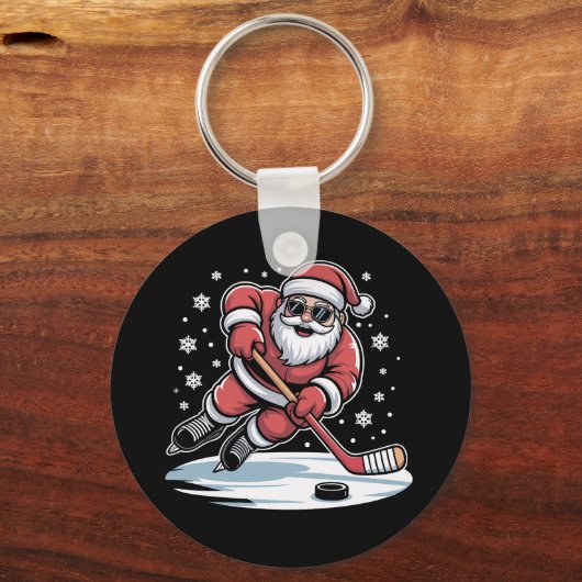 Grappige Kerstman speelt ijshockey Kerstmis Sleutelhanger (Voorkant)