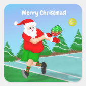 Grappige Kerstman speelt Pickleball Prettig Kerstf Vierkante Sticker (Voorkant)