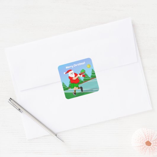 Grappige Kerstman speelt Pickleball Prettig Kerstf Vierkante Sticker (Envelop)