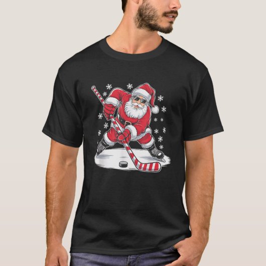 Grappige kerstman spelen ijshockey kerstsport t-shirt (Voorkant)