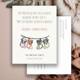 Grappige Kerstman Vult Kousen Met Loterij Kerstmis Feestdagenkaart