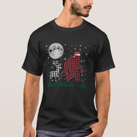 Grappige Kerstmis Bigfoot Rendier Moon Santa Plaid T-shirt (Voorkant)