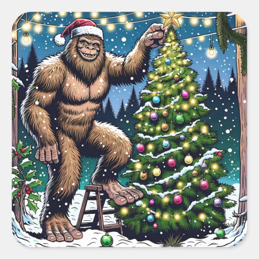 Grappige Kerstmis Bigfoot Sasquatch gepersonalisee Vierkante Sticker (Voorkant)