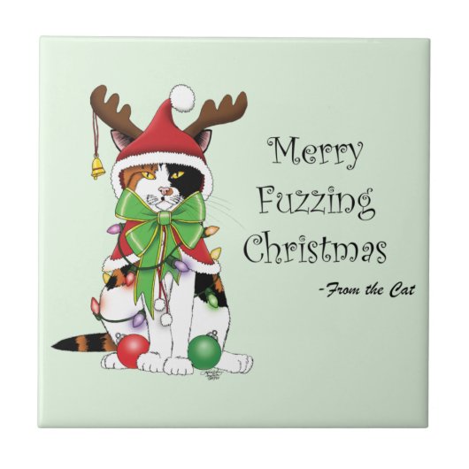 Grappige Kerstmis Calico Kat Tegeltje (Voorkant)
