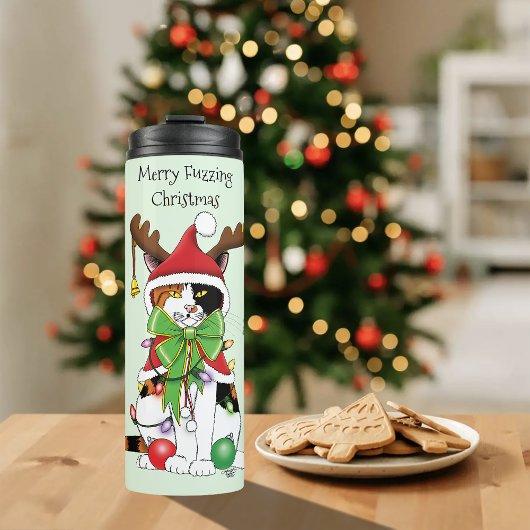 Grappige Kerstmis Calico Kat Thermosbeker