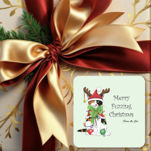 Grappige Kerstmis Calico Kat Vierkante Sticker
