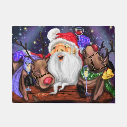 Grappige Kerstmis Deurmat Santa met Rendieren (Voorkant)