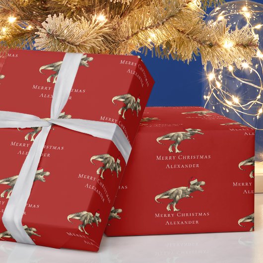 Grappige Kerstmis Dinosaur Persoonlijk Rood Cadeaupapier