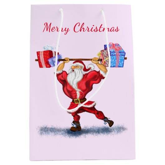 Grappige Kerstmis Gift Bag Bodybuilder Santa Medium Cadeauzakje (Voorkant)
