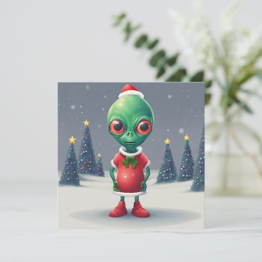 Grappige Kerstmis Groene Alien en Kerstbomen Feestdagenkaart (Staand voorkant)