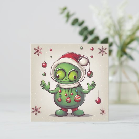 Grappige Kerstmis Groene Alien Feestdagenkaart (Staand voorkant)