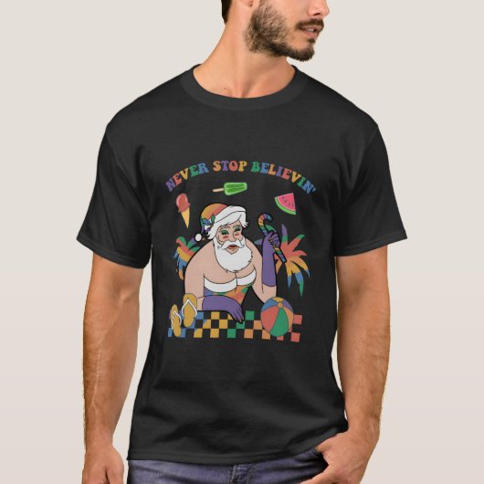 Grappige Kerstmis in Juli LGBTQ+ Santa Nooit Stop T-shirt (Voorkant)