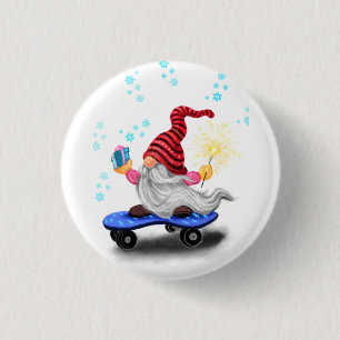 Grappige Kerstmis Knop Schaatsende Kabouter met Ca Ronde Button 3,2 Cm