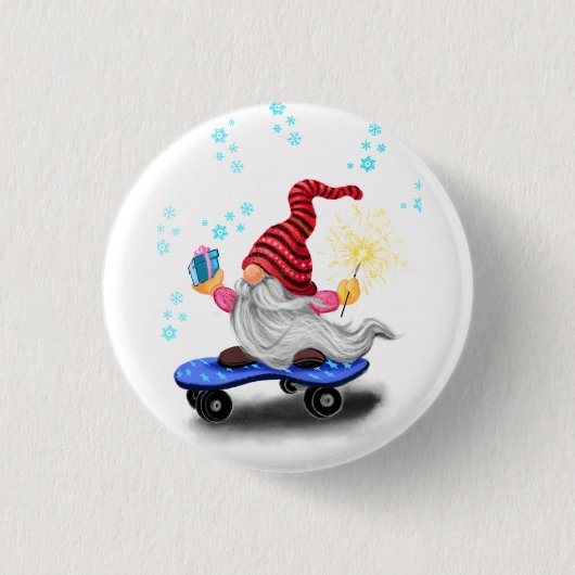 Grappige Kerstmis Knop Schaatsende Kabouter met Ca Ronde Button 3,2 Cm (Voorkant)
