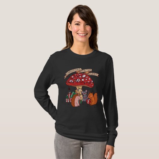 Grappige Kerstmis met Mushroom Eekhoorn Muis en M T-shirt (Voorkant volledig)
