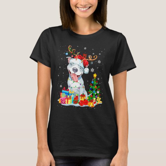 Grappige Kerstmis Pit Bull Kerstlichtjes Rendier S T-shirt (Voorkant)