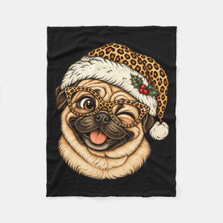 Grappige Kerstmis Pug Met Luipaard Kerstman Hoed S Fleece Deken