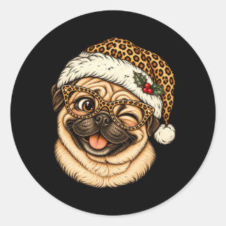 Grappige Kerstmis Pug Met Luipaard Kerstman Hoed S Ronde Sticker