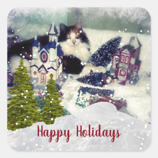 Grappige Kerstmis Schattige Kat Sjabloon Vierkante Sticker (Voorkant)