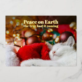 Grappige Kerstmis Slapende Kat Vrede op Aarde  Folie Feestdagenkaart