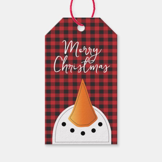 Grappige Kerstmis Sneeuwman Rood Zwart Buffel Plai Cadeaulabel (Voorkant)