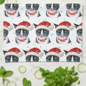 Grappige Kerstmis Zwart en Wit Kat Aquarel Theedoek (Gevouwen)