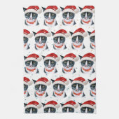 Grappige Kerstmis Zwart en Wit Kat Aquarel Theedoek (Verticaal)