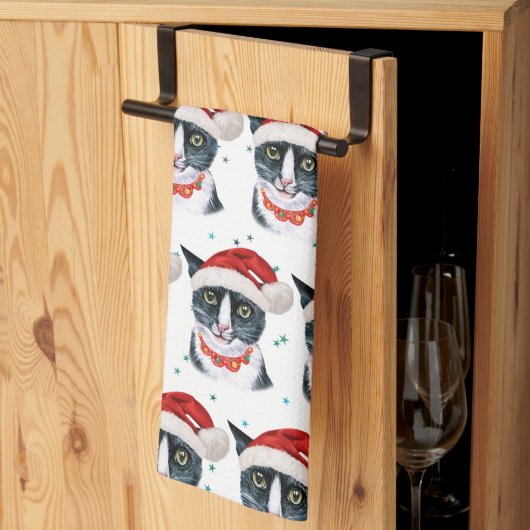 Grappige Kerstmis Zwart en Wit Kat Aquarel Theedoek (Derde Gevouwen)