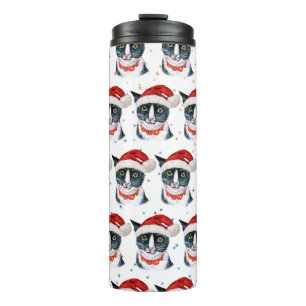 Grappige Kerstmis Zwart en Wit Kat Waterverf Thermosbeker