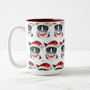 Grappige Kerstmis Zwart en Wit Kat Waterverf Tweekleurige Koffiemok