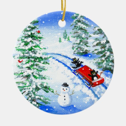 Grappige Kerstmis Zwarte Kat Kunst Creationarts Keramisch Ornament (Voorkant)