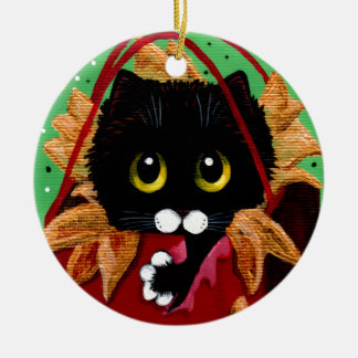 Grappige Kerstmis Zwarte Kat Kunst Creationarts Keramisch Ornament