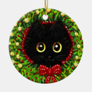 Grappige Kerstmis Zwarte Kat Kunst Creationarts Keramisch Ornament