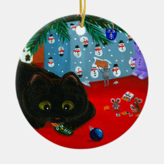 Grappige Kerstmis Zwarte Kat Kunst Creationarts Keramisch Ornament