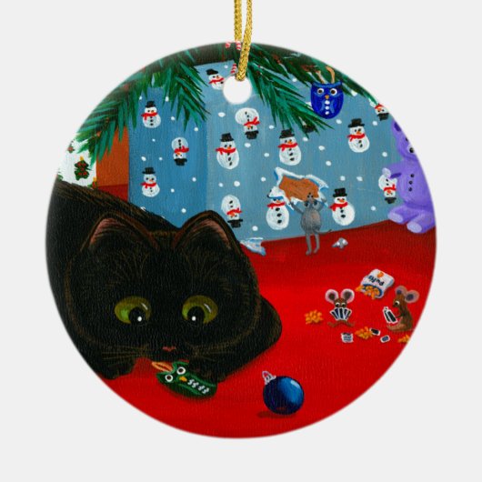 Grappige Kerstmis Zwarte Kat Kunst Creationarts Keramisch Ornament (Voorkant)