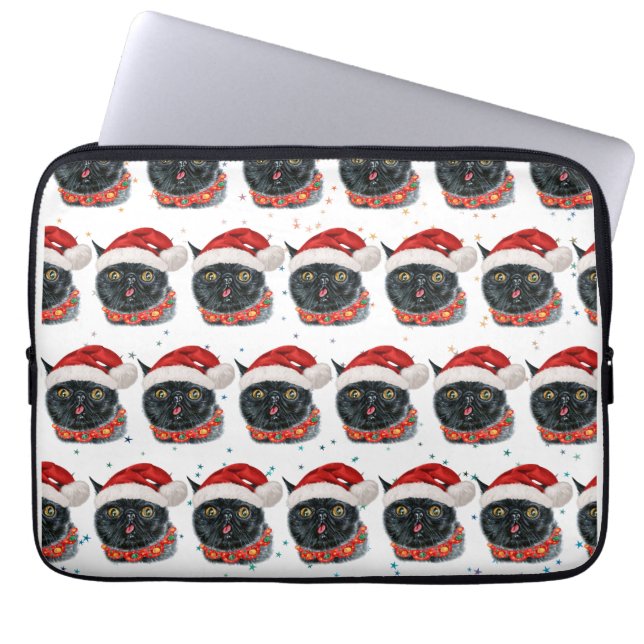 Grappige Kerstmis Zwarte Kat Waterverf Laptop Sleeve (Voorkant)