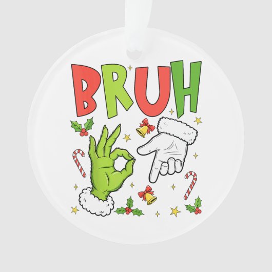 Grappige Kerstontwerp met ‘BRUH’, Cartoon-handen, Ornament (voorkant)