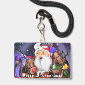 Grappige Kerstparty Badge Kerstman met Rendieren (Voorzijde met lanyard)