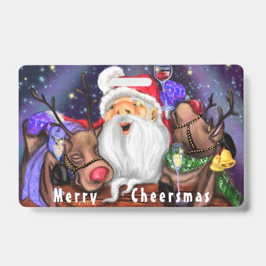 Grappige Kerstparty Badge Kerstman met Rendieren (Voorzijde)