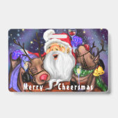 Grappige Kerstparty Badge Kerstman met Rendieren (Achterkant)