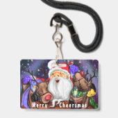 Grappige Kerstparty Badge Kerstman met Rendieren (Achterkant met lanyard)